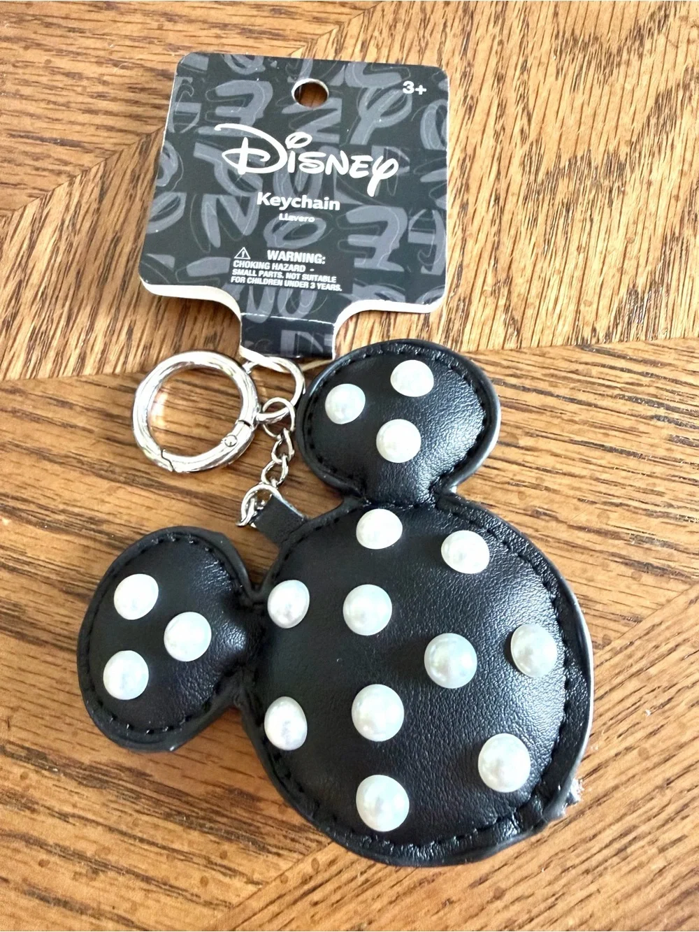 Disney Mickey Mouse  Black Faux-Leather Keychain bag charm with pearl accents
